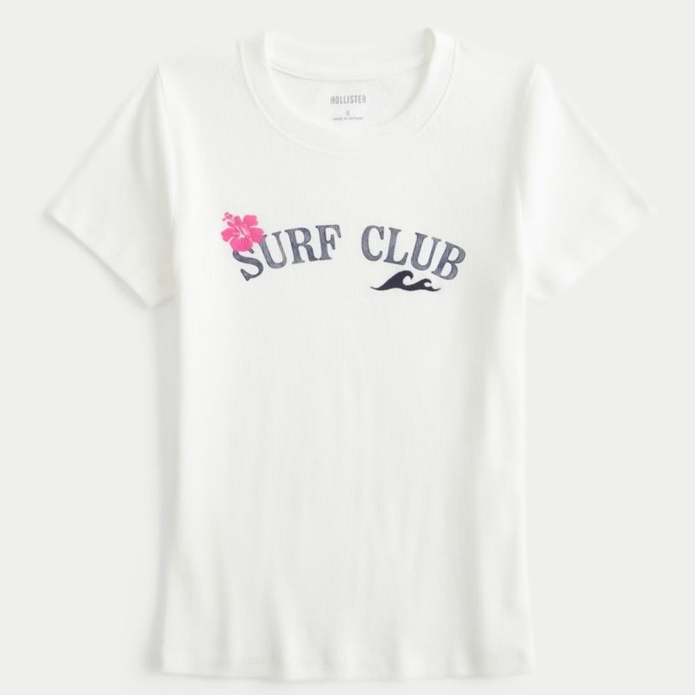 NWT Hollister Women’s Graphic Baby Tee - Cloud White / Ribbed Surf Club Shirt